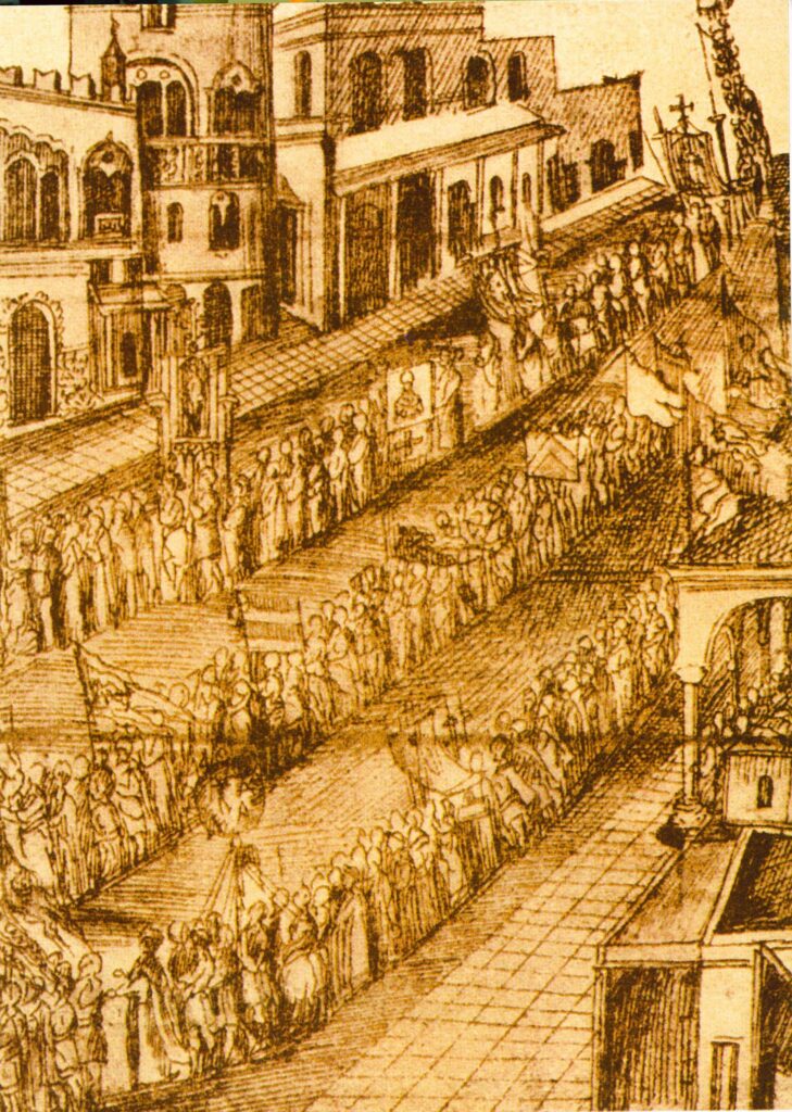 Η λιτανεία της Αγίας Δωρεάς (Corpus Domini), μπροστά από το Δουκικό Μέγαρο. Γ. Κλόντζας, 1590, Bibloteca Nazionale Marciana, Βενετία.