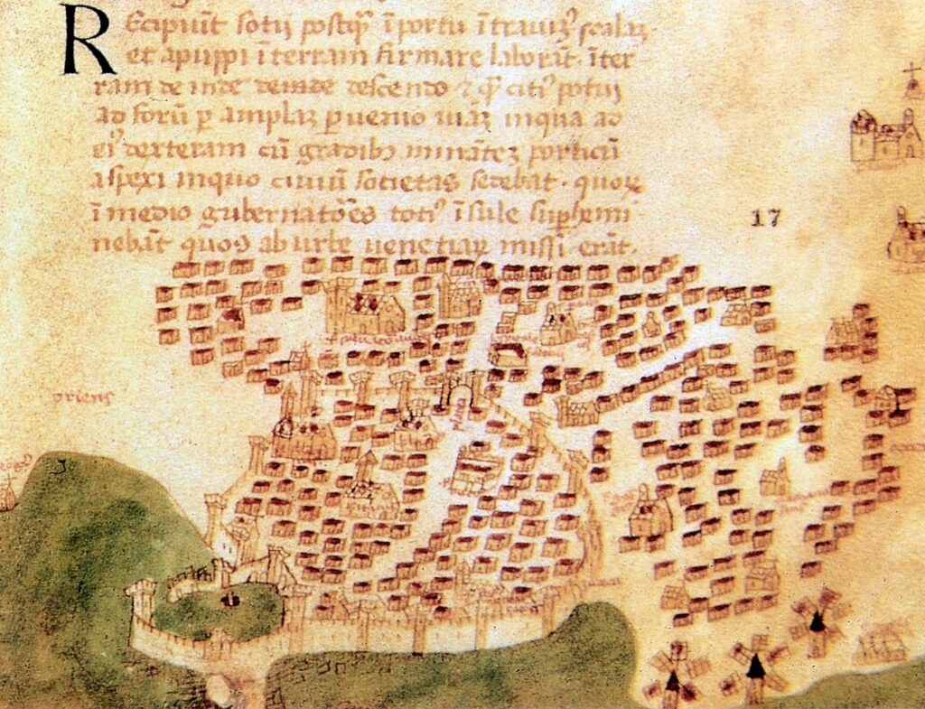 Η πρώτη γνωστή απεικόνιση του μεσαιωνικού φρουρίου του Χάνδακα. Cristoforo Buodelmonti, 1429, Biblioteca Medicea Laurenziana, Φλωρεντία.