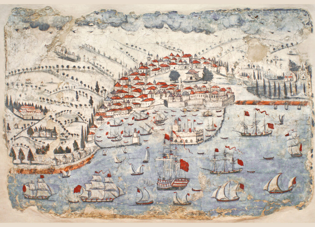 Kandiye. O Χάνδακας των Οθωμανών. Τοιχογραφία από το σπίτι του Φαζίλ Μπέη στο Ηράκλειο. 18ος αι. Ιστορικό Μουσείο Κρήτης.