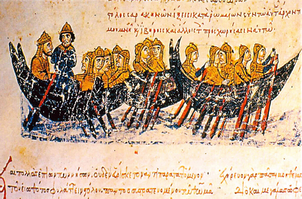 Ο αραβικός στόλος πλέει προς την Κρήτη.
Χειρόγραφο του Ιωάννη Σκυλίτζη, Σύνοψις Ιστοριών
