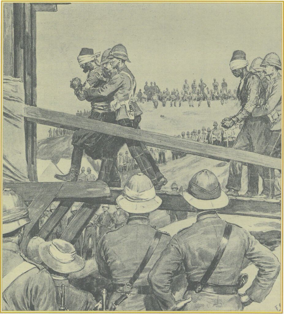 Οι  Άγγλοι οδηγούν τους δεμένους Οθωμανούς στην αγχόνη μετά τα γεγονότα της 25ης Αυγούστου. (Περιοδικό The Graphic, 3 Δεκεμβρίου 1898).
